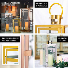 14" Black and Gold Top Stainless Steel Candle Lantern Centerpiece Outdoor Metal Patio Lantern