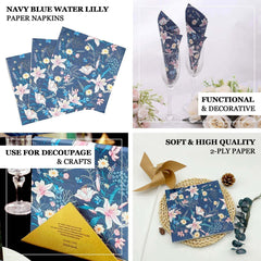 50-Pack Paper Beverage Napkins with Water Lily Floral Design Navy Blue - 2 Ply Soft 18GSM Wedding Napkins 6.5"x6.5"