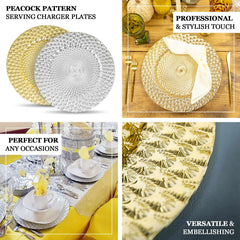 6-Pack Plastic Round Charger Plates 13" in Gold with Peacock Pattern, Exquisite Decorative Dinner Party Charger Tableware