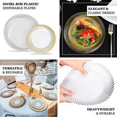 10-Pack Plastic 7" Round Dessert Plates in White with Silver Swirl Rim - Disposable Salad Plates