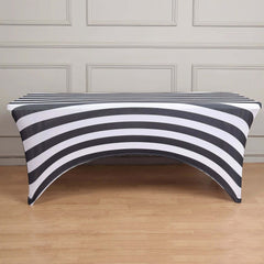 Stretch Spandex 8ft Rectangle Tablecloth Black/White Vertical Stripes - Durable Form-Fitting Tablecloth for Events & Presentations