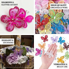 12 Pack 2" Purple Diamond Studded Wired Organza Butterflies
