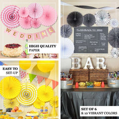 Set of 8 Gold White Hanging Paper Fan Decorations, Pinwheel Wall Backdrop Party Kit - 4", 8", 12", 16"