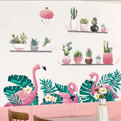 Green Tropical Palm Leaves and Flamingo Wall Decals, Peel Removable Stickers