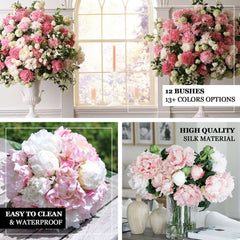 12 Bushes Ivory Artificial Peony Floral Bouquets, High Quality Silk Flower Arrangements