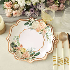 25-Pack Paper 10" Dinner Plates in White with Floral Print & Rose Gold Scallop Rim - Disposable 300GSM Party Plates