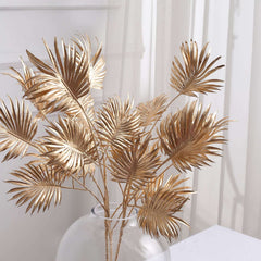 3-Pack Artificial Palm Leaf Branches Metallic Gold - Radiant Faux Plant Stems for Boho Tropical & Modern Design Concepts 24"