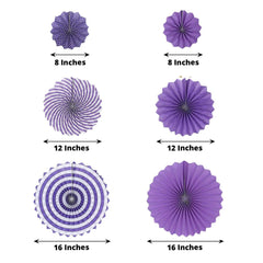 Set of 6 Purple Hanging Paper Fan Decorations, Pinwheel Wall Backdrop Party Kit - 8", 12", 16"