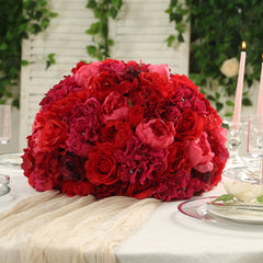 Pre-Arranged Silk Rose Bouquet Floral Arrangement Table Decor, Large Red Artificial Rose Flower Balls Wedding Centerpieces - 20"