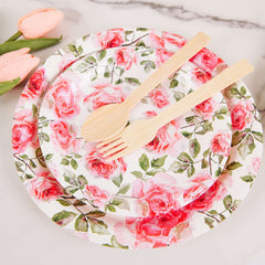 25 Pack Rose 9" Flower Bouquet Design Premium Dinner Paper Plates - 300 GSM