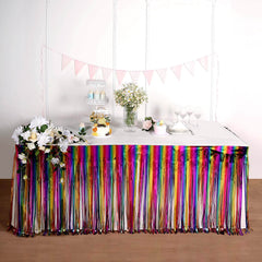 Metallic Foil Fringe Table Skirt Rainbow with Self Adhesive Backing - Durable Tinsel Skirt for Parties 30"x9ft
