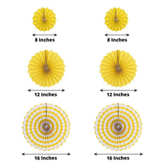 Set of 6 Yellow Hanging Paper Fan Decorations, Pinwheel Wall Backdrop Party Kit - 8", 12", 16"