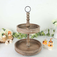 2-Tier Wooden Serving Tray Stand Rustic Brown Design - Farmhouse Style Cupcake Display 20"