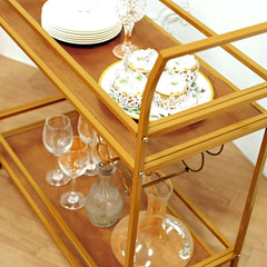 Gold Metal Bar Cart with Wooden Serving Trays 2-Tier - Wine Rack Holds 5 Bottles and 2 Glasses for Events 3ft