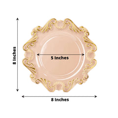 10-Pack Plastic 8" Round Dessert Plates in Clear with Gold Vintage Baroque Scalloped Rim - European Style Disposable Salad Appetizer Plates