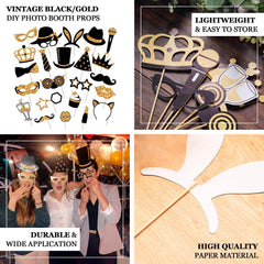 24 Pack Vintage Black Gold Glitter Fun Party Photo Booth Props, DIY Party Theme Supplies