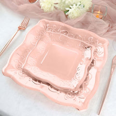 25-Pack Paper 11" Square Dinner Plates in Blush Rose Gold with Vintage Pottery Embossed Design - Shiny Metallic Disposable Serving Plates