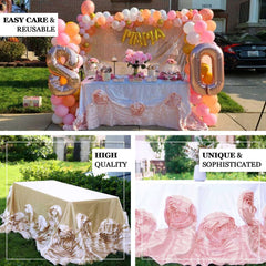 90"x156" Blush Seamless Large Rosette Rectangular Satin Tablecloth for 8 Foot Table With Floor-Length Drop