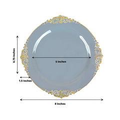 10-Pack Plastic 8" Round Dessert Plates in Dusty Blue with Gold Leaf Embossed Rim - Disposable Vintage Baroque Style Salad Plates