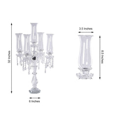 5 Arm Crystal Glass Taper Candle Holder Candelabra, Stylish Table Centerpiece With Chandelier Chains 32"
