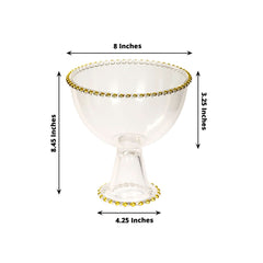 Compote Pedestal Bowl Glass Flower Vase Clear with Gold Beaded Rim - Footed Candy Trifle Bowl for Displays 8"