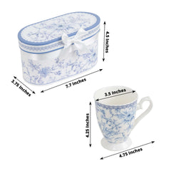 White Blue French Toile Bridal Shower Gift Set, 2 Pack Porcelain Tea Cups With Matching Keepsake Gift Box and Satin Ribbon Handle