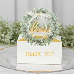 25 Pack White Thank You Candy Treat Boxes with Ribbon, Love Wreath Party Favor Gift Boxes - 6"x3"x7"