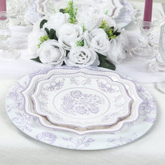 6 Pack Round Floral Acrylic Charger Plates in French Toile Pattern, 13" Matte Lavender and White Dinner Charger Event Tabletop Decor