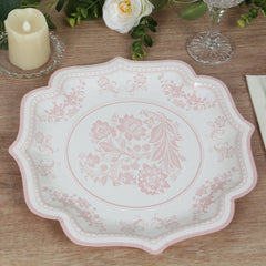 25-Pack Paper Dinner Plates in White Pink Damask Floral Pattern & Scallop Rim - Stylish Disposable 300GSM Floral Party Plates 10"