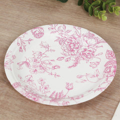 25-Pack Paper 7" Round Dessert Plates in White with Matte Pink French Toile Pattern - Disposable Floral Salad Appetizer Plates