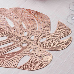 6-Pack Dining Table Mats Monstera Leaf Design Rose Gold - Vinyl Non-Slip Surface for Tropical Themes 18"