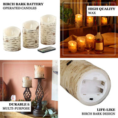 Set of 3 LED Flameless Pillar Candles Burnt Birch Bark Design Warm White - Battery Operated with Remote