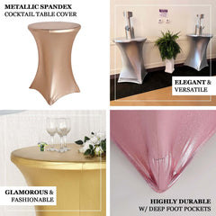Metallic Spandex 32" Fitted Round Cocktail Table Cover Rose Gold Highboy Tablecloth - Stretch Fit & Water-Resistant