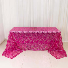 Mesh 90"x156" Rectangle Tablecloth Fuchsia/Silver - Wave Sequin Embroidered Table Cover