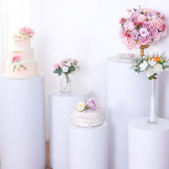 Set of 5 White Metal Cylinder Pillar Prop Stands For Wedding Aisle, Round Plinth Pedestal Display Boxes - 20",22",24",26",30"