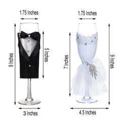Set of 2 Clear Champagne Flutes with Black Bride and Groom Koozies - Wedding Toast Glasses 9"