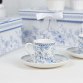 White Blue French Toile Bridal Shower Gift Set, Set of 2 Porcelain Espresso Cups and Saucers with Matching Keepsake Box