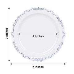 10-Pack Plastic 7" Round Dessert Plates in White with Blue Vintage Embossed Rim - Sturdy Disposable Scalloped Edge Salad Plates
