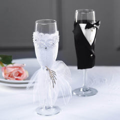 Set of 2 Clear Champagne Flutes with Black Bride and Groom Koozies - Wedding Toast Glasses 9"
