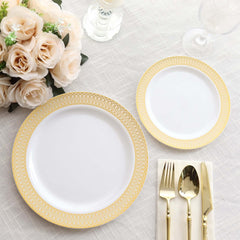10-Pack Plastic Round Dinner Plates 10" White with Beige Gold Spiral Rim - Chic Disposable Party Plates