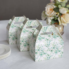 25 Pack White Green Candy Gift Tote Gable Boxes with Eucalyptus Leaves Print, Party Favor Treat Boxes - 6"x3.5"x7"