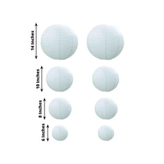 Set of 8 White Hanging Paper Lanterns, Decorative Round Chinese Sky Lanterns, Assorted Sizes - 6",8",10",14"