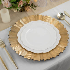6-Pack Acrylic Plastic Round Charger Plates 13" in Metallic Gold with Sunray Scalloped Rim, Decorative Dinner Party Charger Tableware