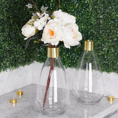 2-Pack Glass Flower Vases Teardrop Design Clear with Gold Metal Top - Stylish Event Table Centerpieces 14"
