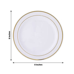 10-Pack Plastic Dessert Plates White with Très Chic Gold Rim - Disposable Plates for Parties 8"