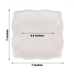 25-Pack Paper 7" Square Dessert Plates in White with Vintage Pottery Embossed Design - Shiny Disposable Appetizer Plates