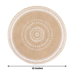 4-Pack Placemats Braided Design Natural Jute and White Round - Rustic Burlap Woven Table Mats 15"