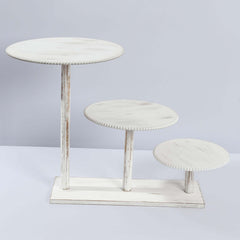 3-Tier Wooden Cake Stand Whitewash with Round Beaded Rim Trays - Rustic Cupcake Tower Dessert Display 24"x16"