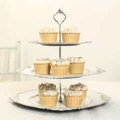 3-Tier Plastic Round Cupcake Stand Whitewashed - Vintage-Inspired Reusable Dessert Display Holder Tea Party Serving Tray Platter with Antique Gold Baroque Rim & Top Handle 13"