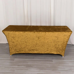 Crushed Velvet Fitted Rectangular 6ft Table Cover Gold - Wrinkle-Free Stretchy Tablecloth